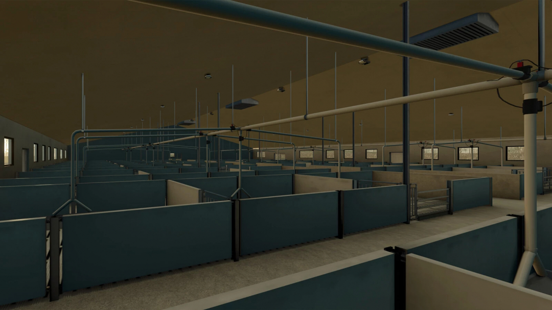 Modern pigsty interior in Farming Simulator 25, featuring blue partitions, ceiling lighting, and ventilation systems, part of FS25 mods.