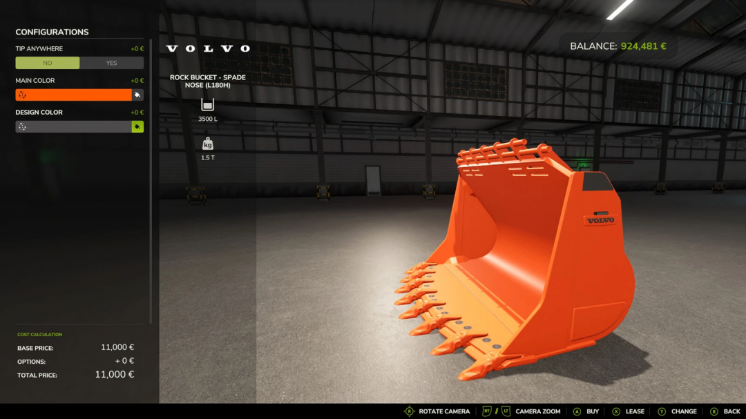 Farming Simulator 25 mod featuring the Volvo Rock Bucket - Spade Nose from the Municipal Shovel Bundle v1.0.0.0 for FS25.