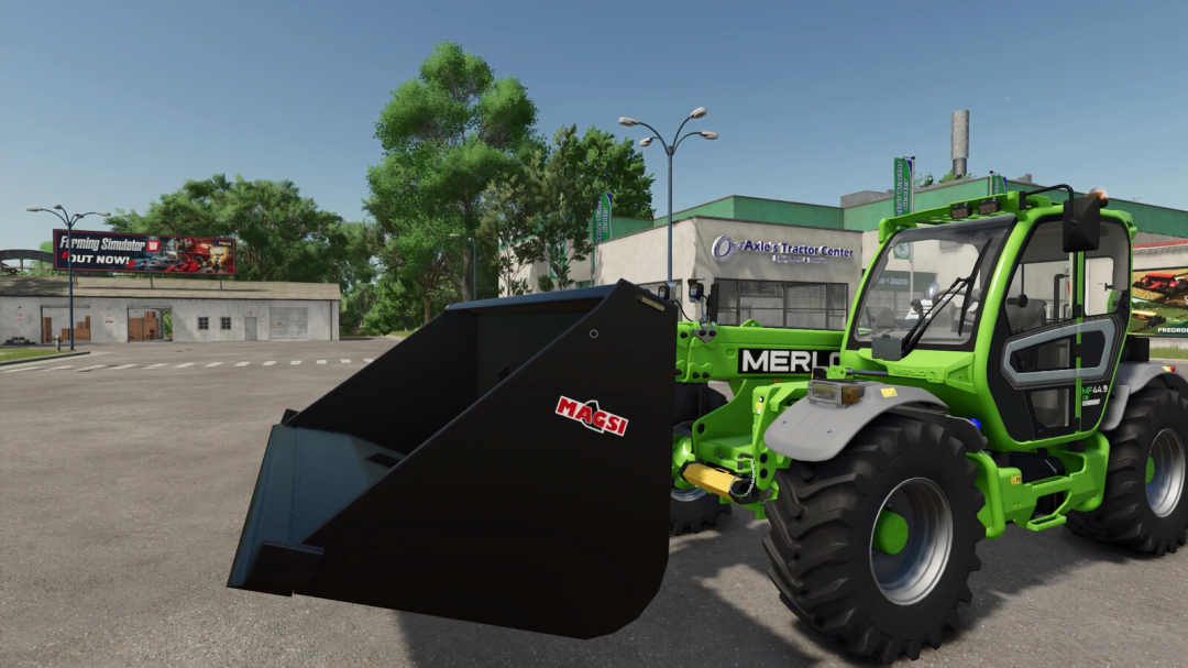 Farming Simulator 25 mod featuring a green MERLO telehandler equipped with a black MAGSI bucket from the Municipal Shovel Bundle v1.0.0.0.