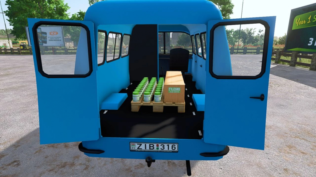 Inside the blue Nysa 522 van in Farming Simulator 25 showing pallets with green containers, part of FS25 mods.