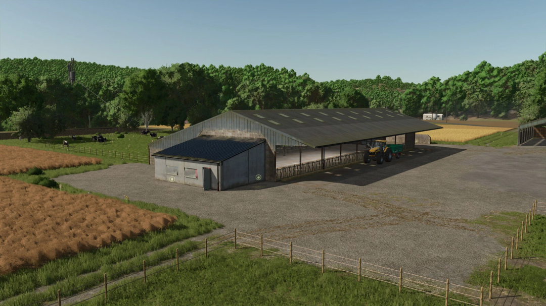 Farming Simulator 25 mod: Old Stable v1.0.0.0, a realistic barn with open design, located in a rural farm setting with cows and fields.