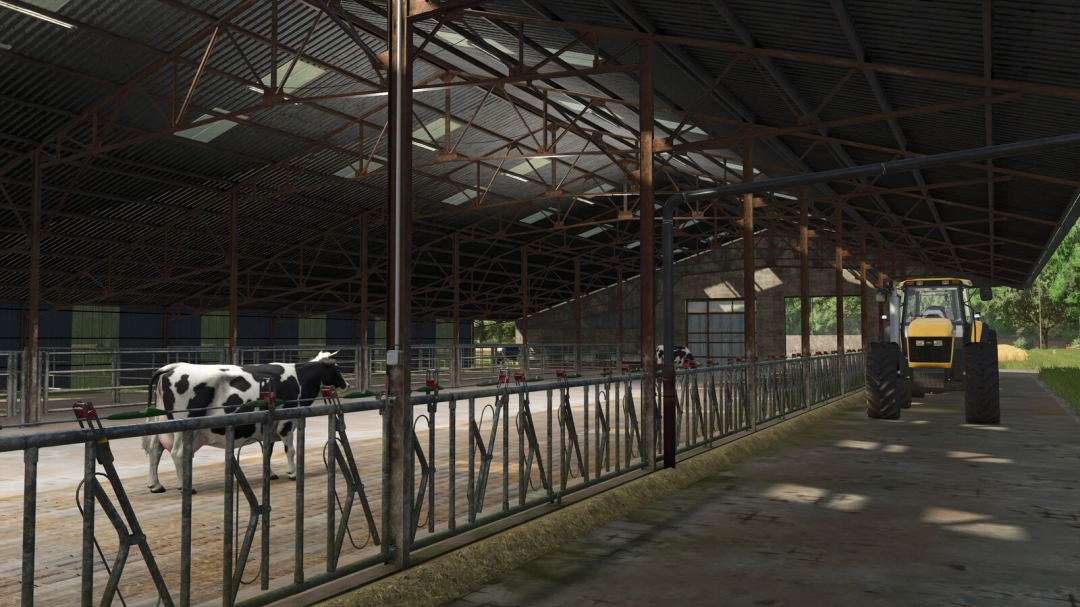 Inside a barn in Farming Simulator 25 with cows and a tractor, showcasing the Old Stable v1.0.0.0 mod for Farming Simulator 25.
