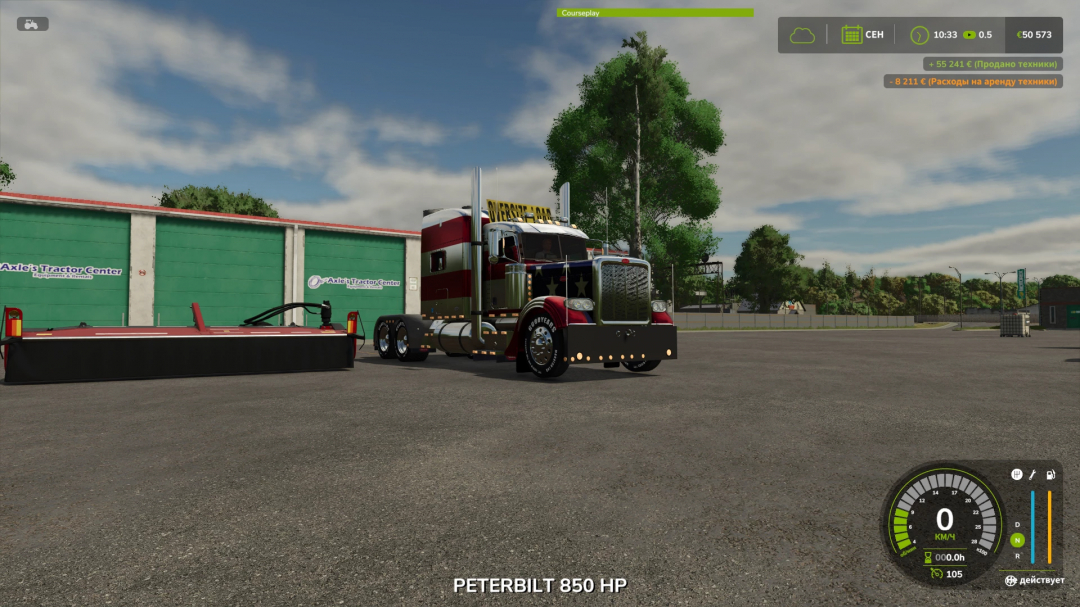 Farming Simulator 25 mod featuring a Peterbilt 388 truck with 850 HP, parked in a lot with a green backdrop and game interface elements visible.