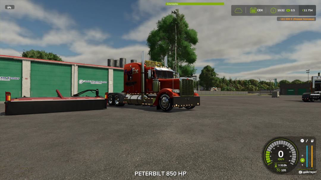 Farming Simulator 25 mod: Red Peterbilt 850 HP truck with a large mower attachment in a yard setting.
