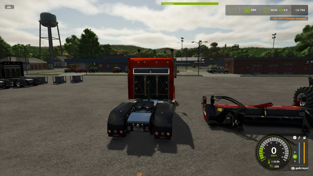 Farming Simulator 25 mod: Peterbilt 388 truck shown from the rear view in a parking lot, part of FS25 mods collection.