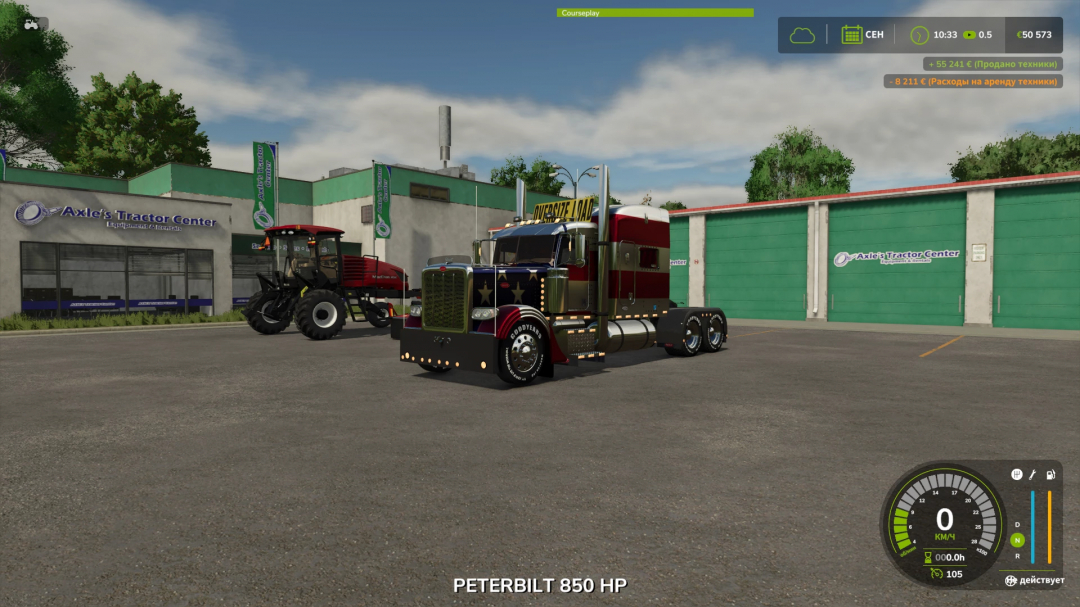 Farming Simulator 25 mod featuring a Peterbilt 850 HP truck parked in front of Axle's Tractor Center, with courseplay overlay in the game.