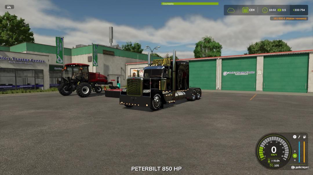 Farming Simulator 25 mod: Peterbilt 388 truck with 'Oversize Load' sign parked in front of Axle's Tractor Center during gameplay.