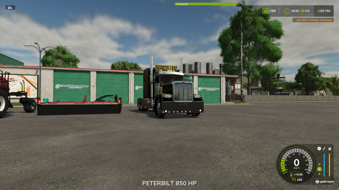 Farming Simulator 25 mod featuring a Peterbilt 850 HP truck with black detailed design parked in a farmyard.