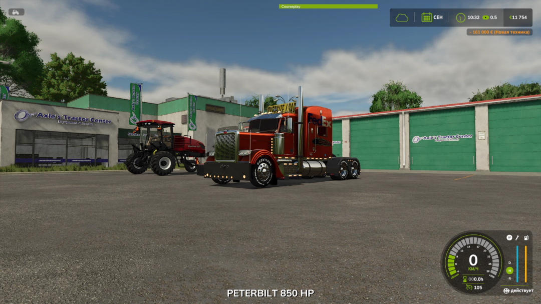 Farming Simulator 25 mod: Peterbilt 850 HP truck parked outside Axle's Tractor Center with a red tractor in the background.