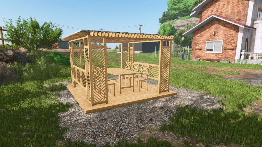 Farming Simulator 25 mod: Placeable Garden Place v1.0.0.1, wooden outdoor garden gazebo with table and chairs, placed on grassy ground.