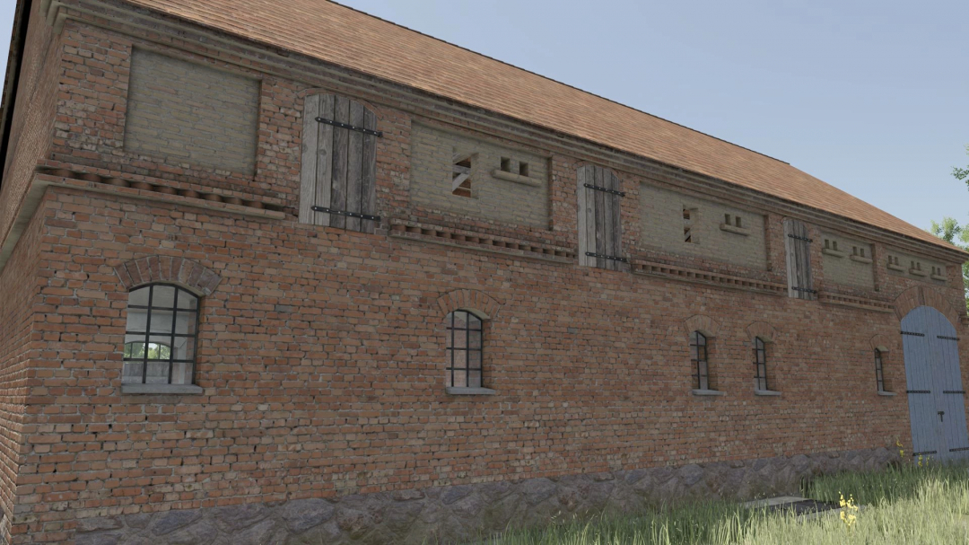 Farming Simulator 25 mod: Post German Cow shed v1.0.0.0 with brick walls, small windows, and wooden shutters, part of FS25 mods.