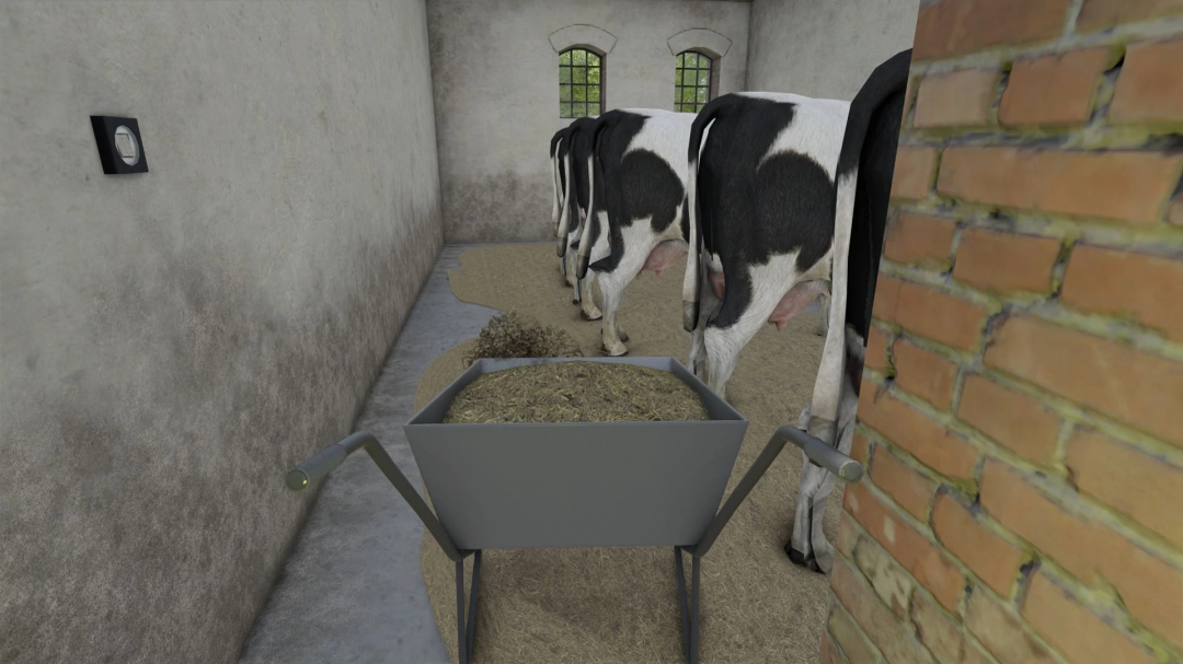 Inside a barn with Holstein cows feeding near a feed wheel in Farming Simulator 25, featuring Post German Cow shed mod v1.0.0.0.