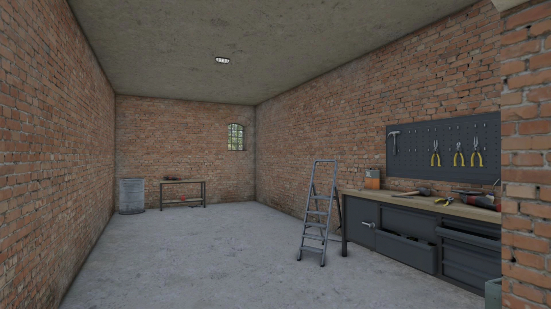 Farmers Workshop with tools and oil container in a brick interior, for Farming Simulator 25 mods.