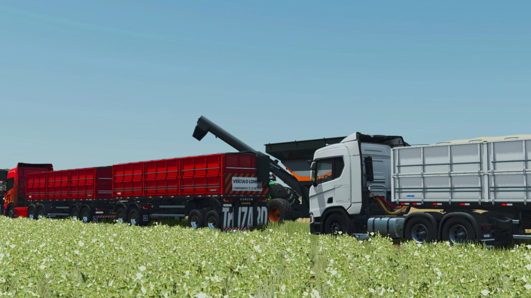 Farming Simulator 25 mod showcasing the Randon Rodotrem Bulk Carrier v1.0.0.0 used for transporting large loads, parked in a field.