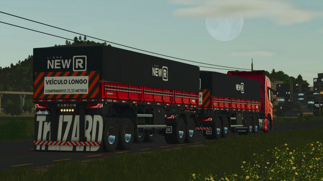 Farming Simulator 25 mod featuring the Randon Rodotrem Bulk Carrier, a long truck with 25.50-meter length, designed for transporting large loads.