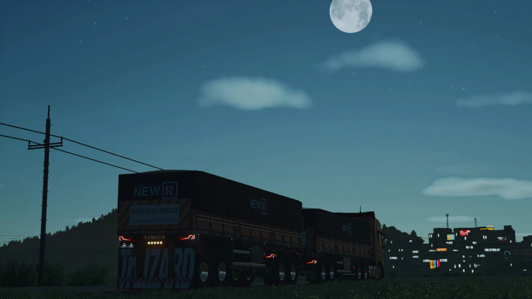 Farming Simulator 25 mod: Randon Rodotrem Bulk Carrier v1.0.0.0 at night near city lights, realistic trucking in FS25.