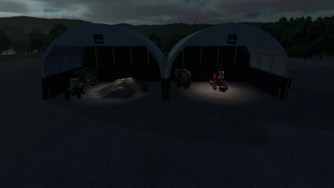 Farming Simulator 25 mods: Rudolf Hörmann rounded shed v1.0.0.0 with tractors, tools, and a pile of gravel inside, displayed at night.