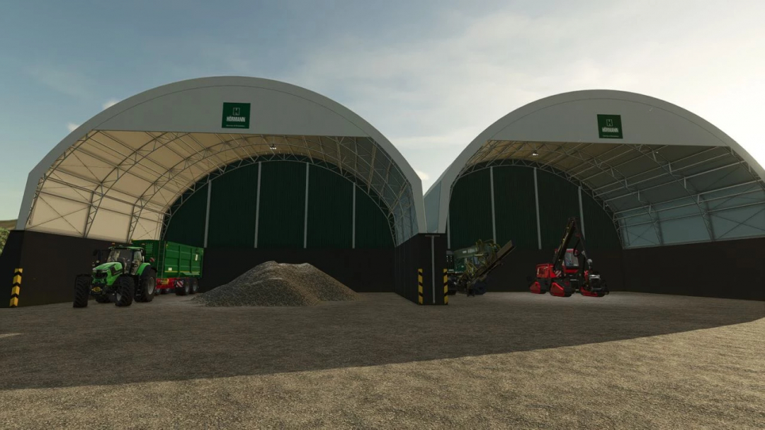 Farming Simulator 25 mods: Rudolf Hörmann rounded shed v1.0.0.0 with tractors and machinery inside.