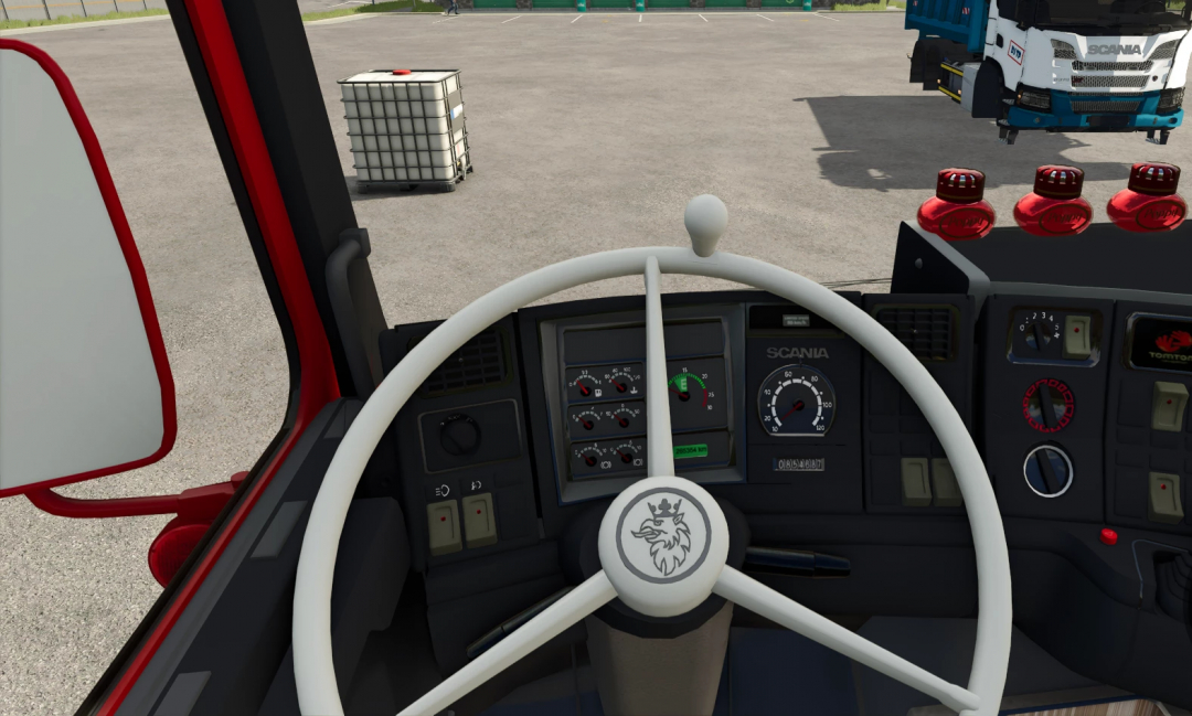 Interior view of a Farming Simulator 25 mod featuring a Scania 143 truck dashboard with gauges and controls.