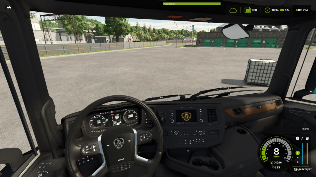Interior view of the Farming Simulator 25 mod truck, featuring a detailed dashboard, steering wheel with logo, and in-game HUD elements.