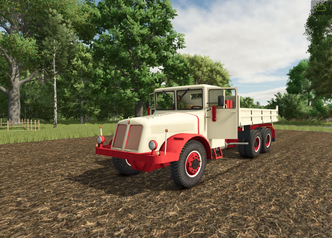 Farming Simulator 25 mod: TATRA t111 truck on dirt field with green trees in the background.