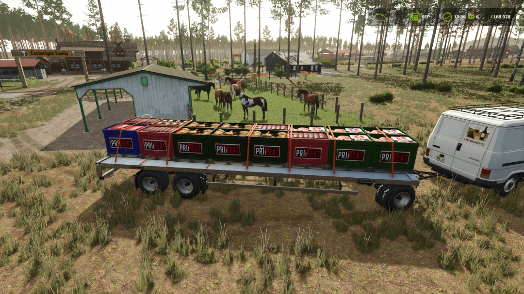 Farming Simulator 25 mod image showing a trailer loaded with Prime Meat next to a horse farm with grazing horses, part of the 'THE BUTCHER' mod.