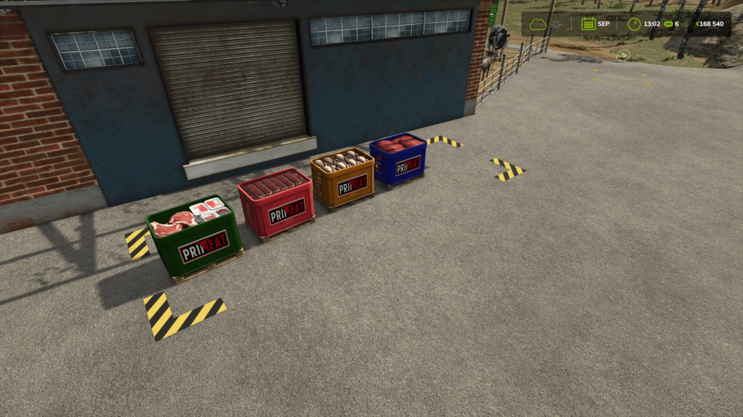 Farming Simulator 25 mods: Meat crates outside a building in the game, part of THE BUTCHER mod for FS25.
