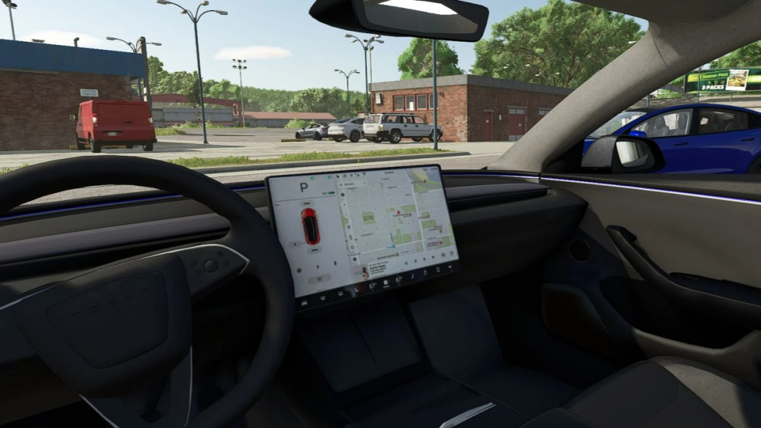 Inside view of a Tesla Model 3 2025 in Farming Simulator 25, showing the dashboard with navigation and the game's environment outside the window.