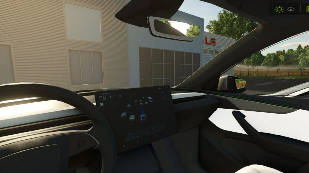 Inside view of a Tesla Model Y 2026 Refresh mod from Farming Simulator 25, showing a digital dashboard and urban scenery outside.