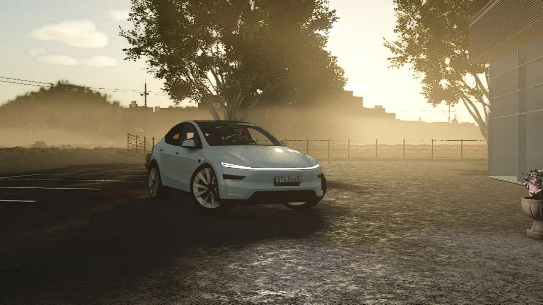 Farming Simulator 25 mod: Tesla Model Y 2026 Refresh v1.1.0.0 parked outdoors in a farm setting with trees and sunset lighting.
