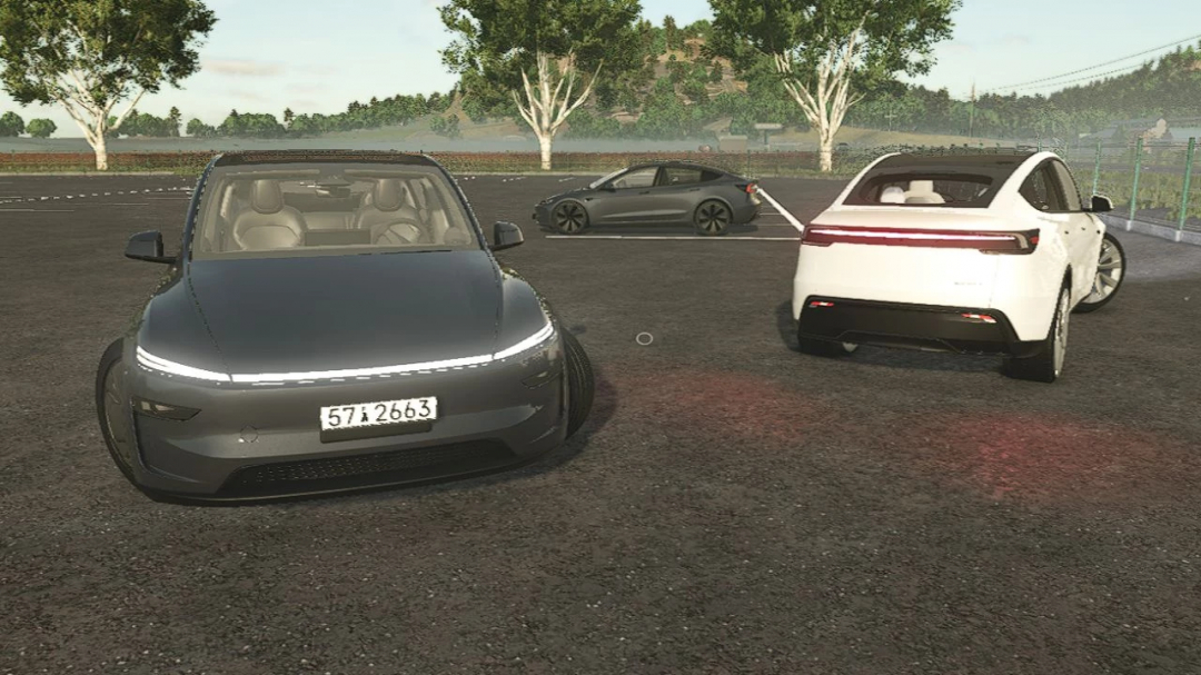 Tesla Model Y 2026 Refresh in farming simulator 25 mods, parked in a lot with other cars under a tree-lined sky.