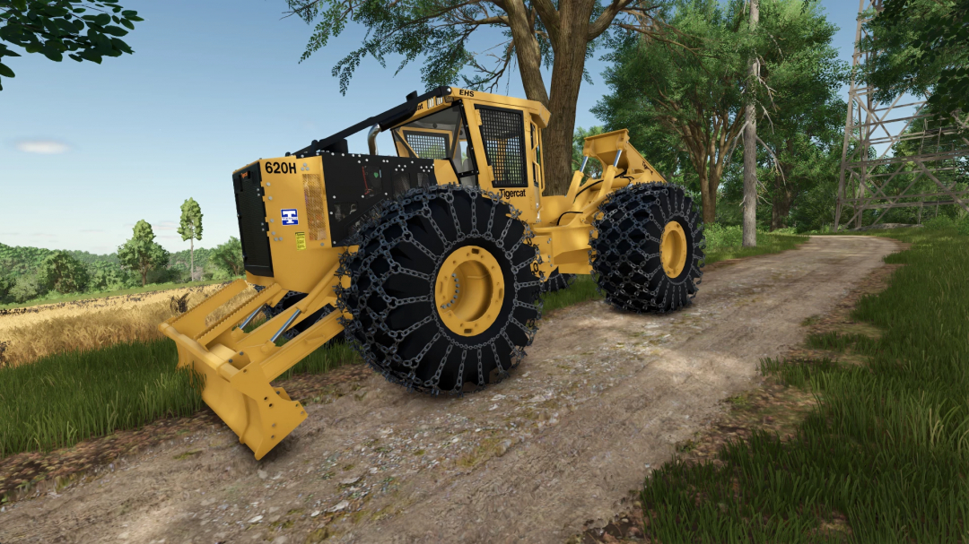 Farming Simulator 25 mod: TigerCat 630HSeries with track chains, yellow construction vehicle on dirt path in a rural setting.
