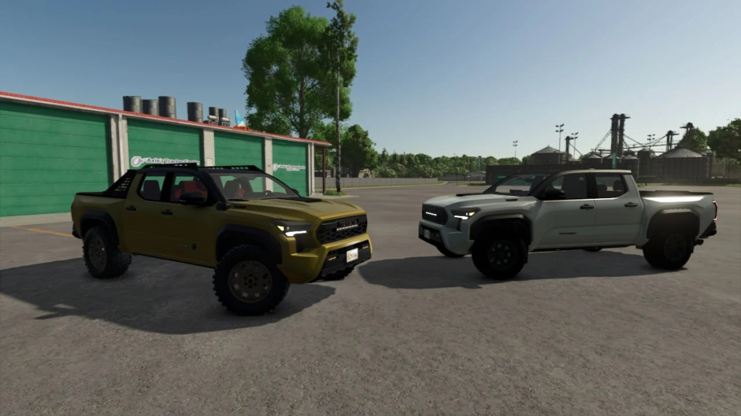 Farming Simulator 25 mod featuring Toyota Tacoma TRD PRO trucks parked outdoors, showcasing off-road vehicle customization.