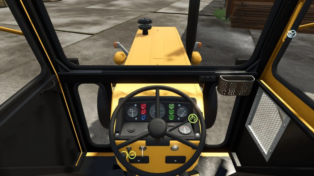 Interior view of the Farming Simulator 25 mod UTB Universal 650 BGC, showing the dashboard, steering wheel, and control panel.