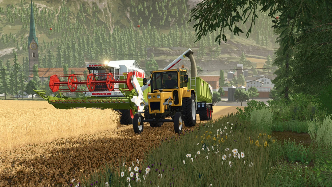 Farming Simulator 25 mod: CLAAS Dominator harvests wheat with a UTB Universal 650 BGC v1.0.0.0 forage harvester in a rural landscape.
