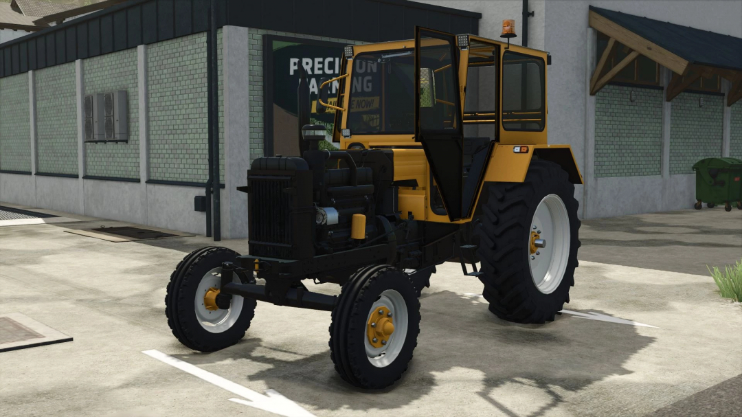 Farming Simulator 25 mod: UTB Universal 650 BGC tractor parked outside a building with green brick wall.