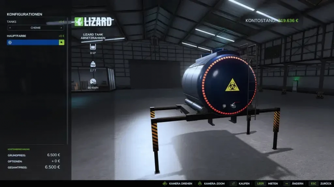 Farming Simulator 25 mod: Lizard Tank with biohazard warning, configurable tanks, and 80 KMH speed in a warehouse setting.