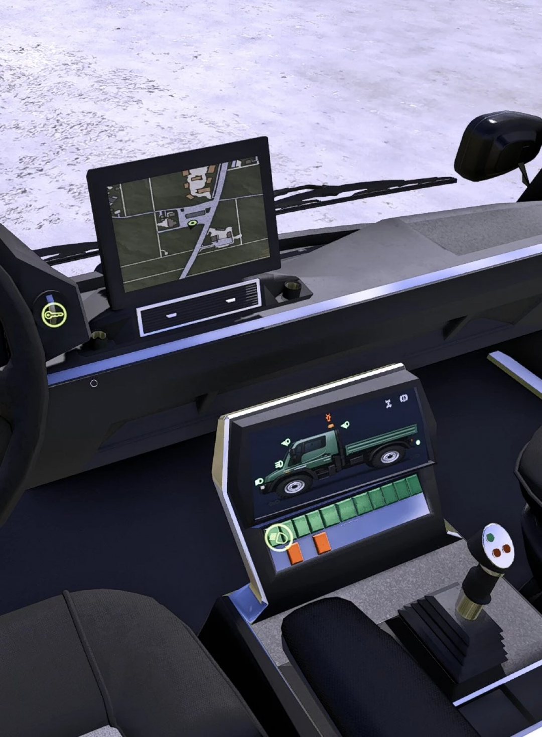 Farming Simulator 25 mod showing the control panel and GPS navigation system inside a Unimog U400 truck.