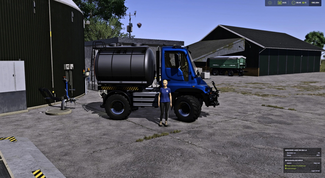 Farming Simulator 25 mod: Blue Unimog U400 with water tank parked near farm buildings for FS25 mods.