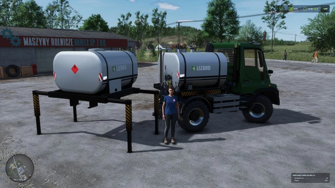 Farming Simulator 25 mods: Unimog U400 with fuel tank trailer and character standing beside, set outdoors near a farm shop.