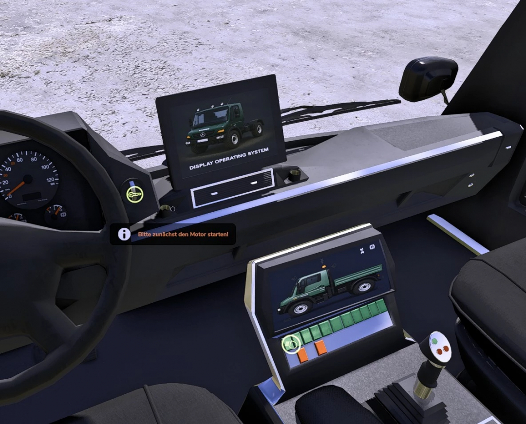 Farming Simulator 25 mod featuring Unimog U400 in the cab with dashboard and control screens, part of FS25 mods for realistic gameplay.