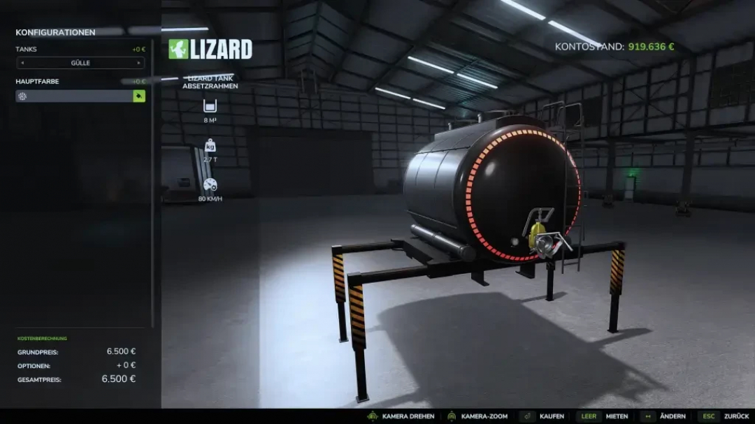 Farming Simulator 25 mods: Unimog U400 tank mod with customizable lizard hazard tank, shown inside a farm storage hangar.