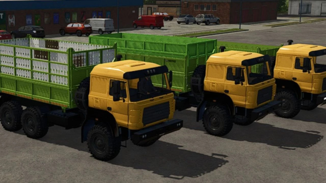 FS25 mod: three yellow Ural-6370K trucks with green cargo beds, parked outdoors in Farming Simulator 25.