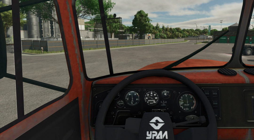 Interior view of a Ural 4320 truck with a trailer mod in Farming Simulator 25, showing the dashboard and windshield.