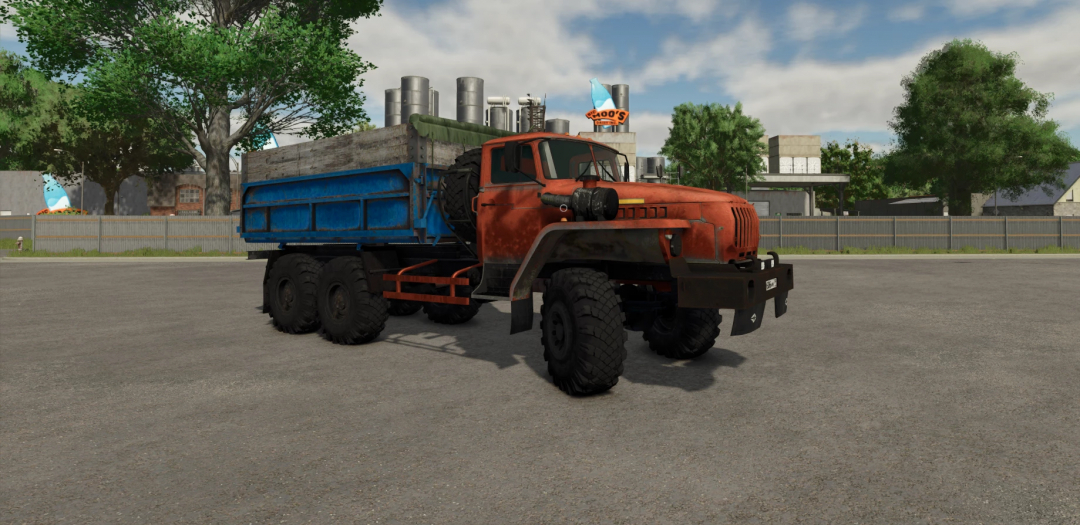 Farming Simulator 25 mod: Ural 4320 truck with blue trailer, off-road tires, detailed texture, suitable for FS25 mods.