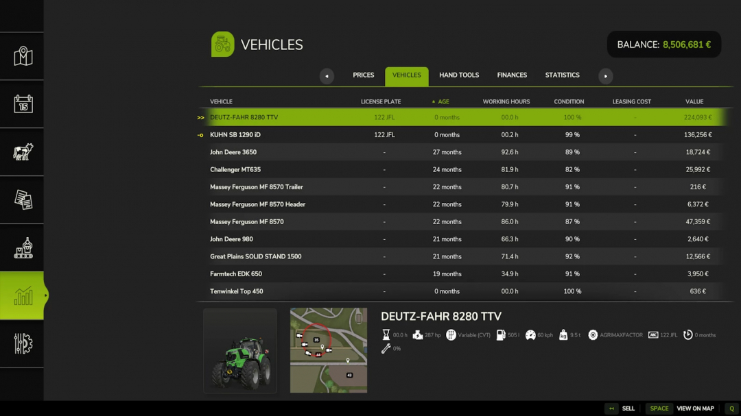 Farming Simulator 25 mod screenshot showing vehicle list with Deutz-Fahr 8280 TTV highlighted, part of Vehicle Statistic Marker v1.0.0.0.