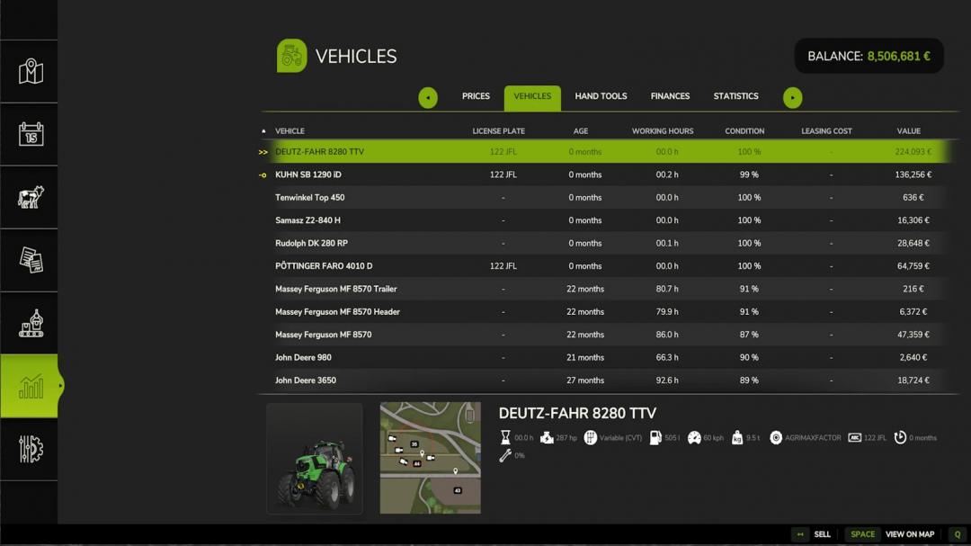 Farming Simulator 25 mod: Vehicle Statistic Marker v1.0.0.0 showing vehicle details and stats.