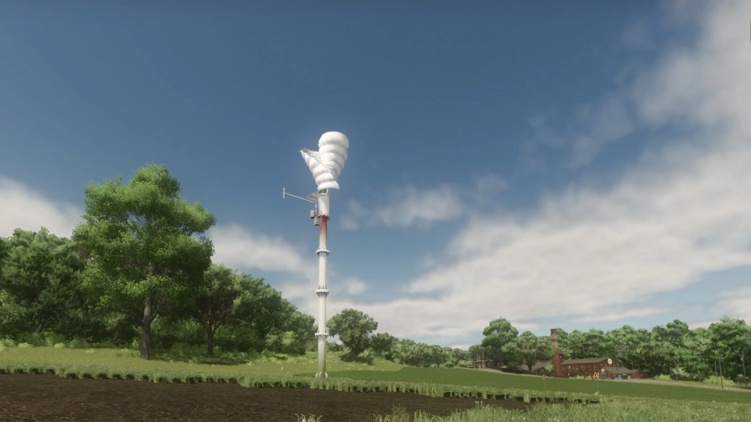 Farming Simulator 25 mod showing a tall white wind turbine with a spiral wind scoop, set in a rural landscape with trees and a farm building.