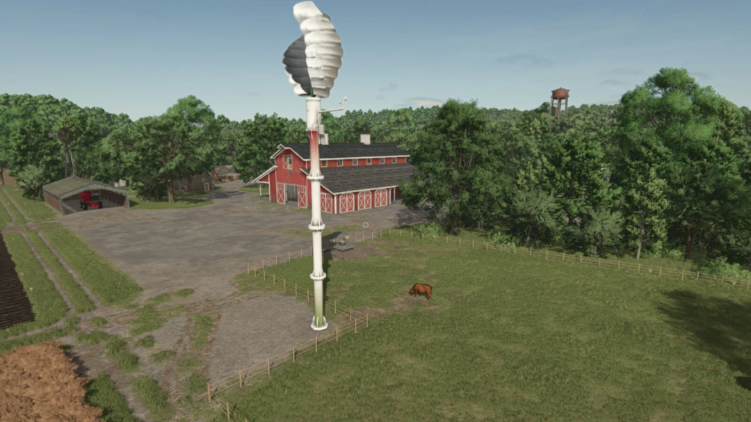 Farming Simulator 25 mod: Vertical Windturbine Lizard H15 v1.0.0.0 installed near a red barn on a farm with lush trees and grazing horse.