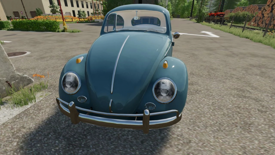 In-game image of a vintage blue Volkswagen Beetle mod in Farming Simulator 22, part of FS22 mods collection.